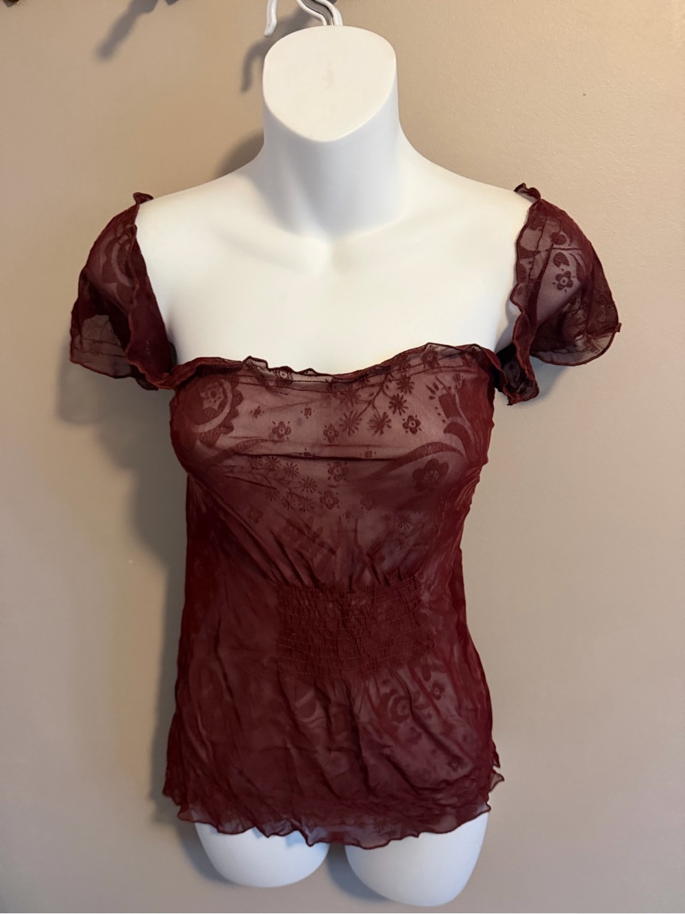 Vintage Y2K Sheer Mesh Floral Off Shoulder Smocked Top Burgundy M